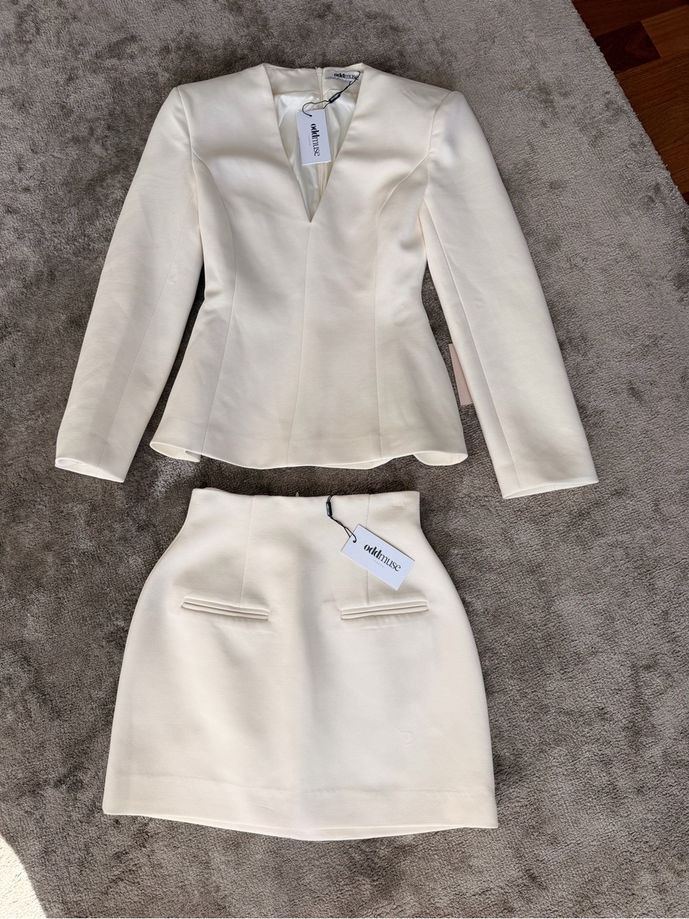 Odd Muse Cream Two-Piece Skirt Set — Structured V-Neck Top & Mini Skirt